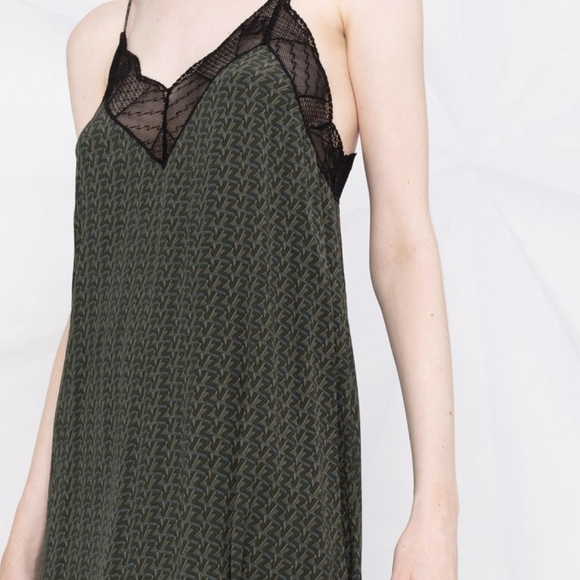 Zadig & Voltaire Green Patterned Maxi Dress with Black Lace - Picture 1 of 8